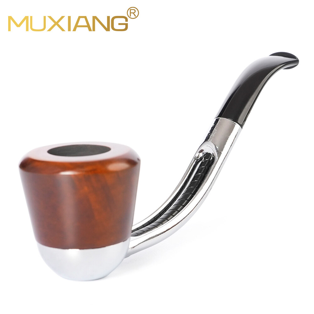 Briar Wooden Tobacco Pipe Curved Aluminum Metal Shank Stem Pipe With Smooth Bowl