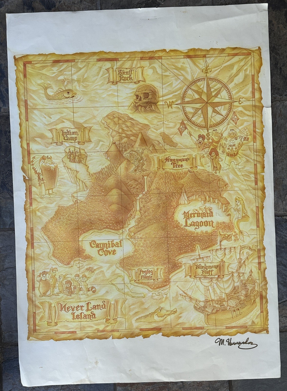 ORIGINAL Disney Never Land Map 39” x 27” painting Manual Hernandez NOT A PRINT