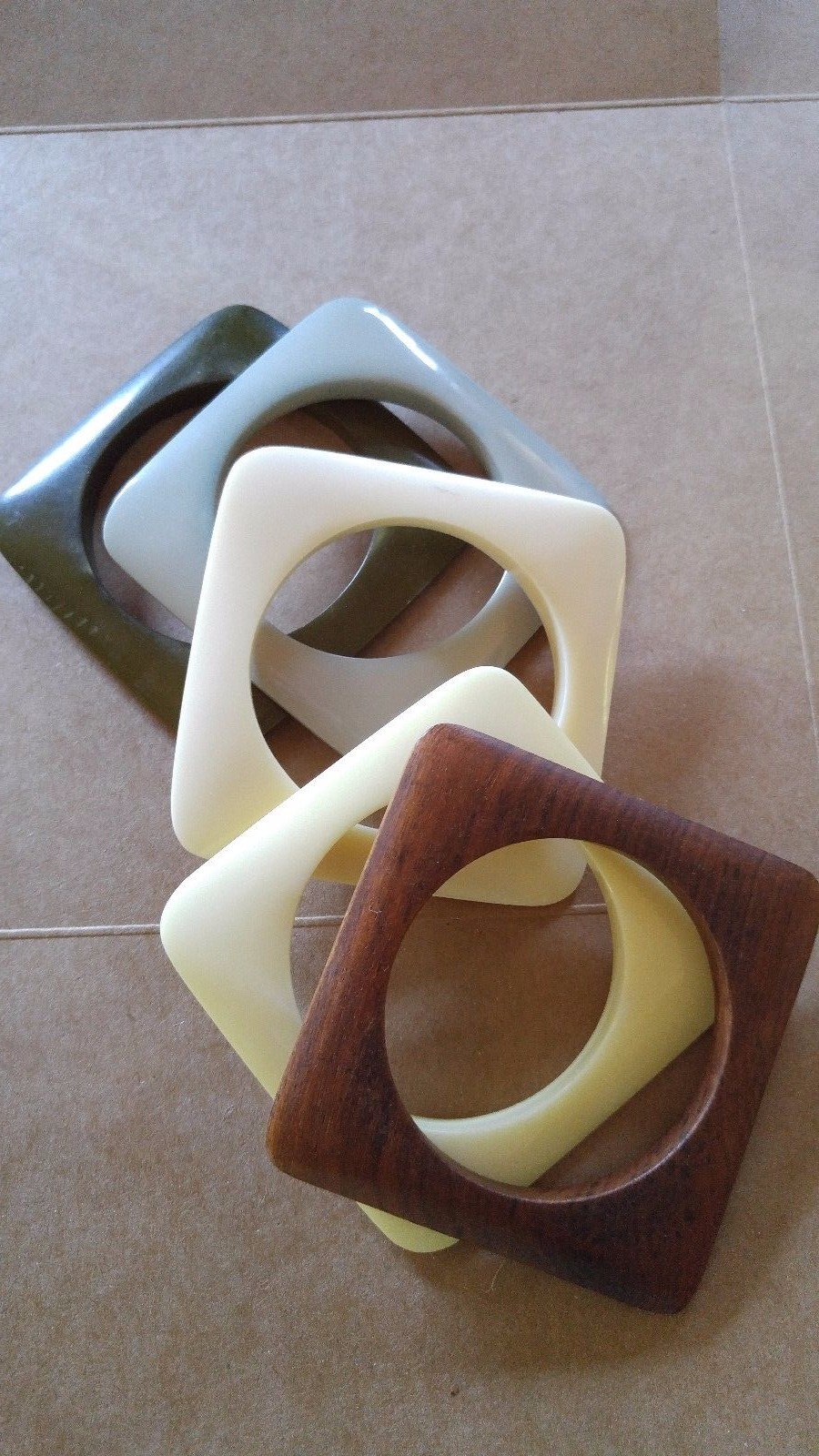 Vintage Bracelet set qty 4 Bangle SQUARE 3 early plastic over dyed 1 wood RETRO
