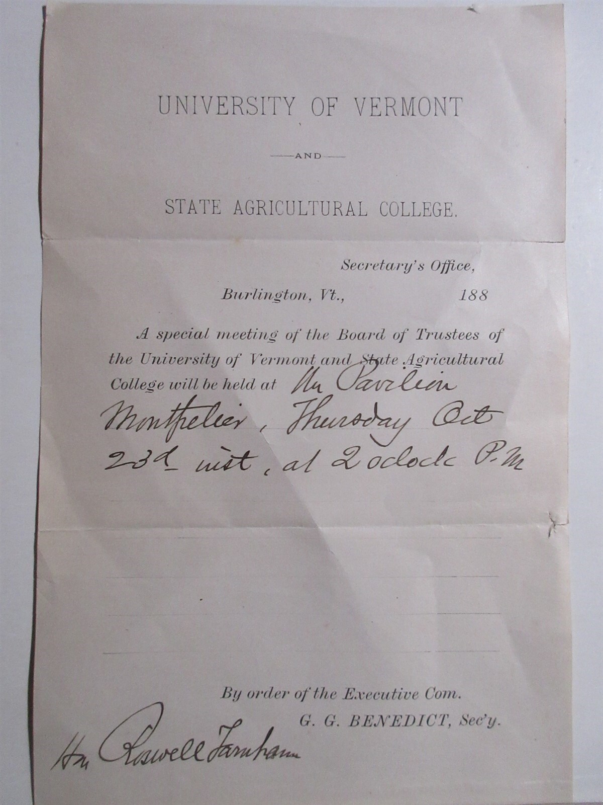 1880s University of Vermont State Agricultural College Board of Trustees meeting