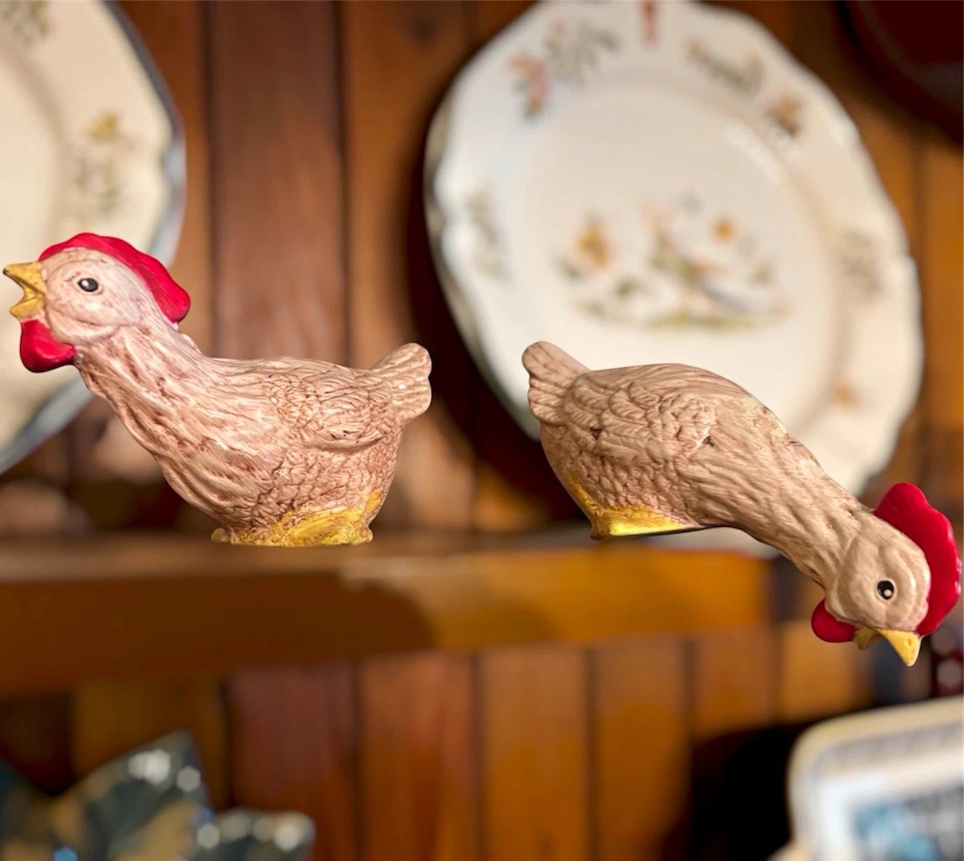 Vintage Chalk Ceramic Chicken Rooster Figurines Pair (2) Rare find