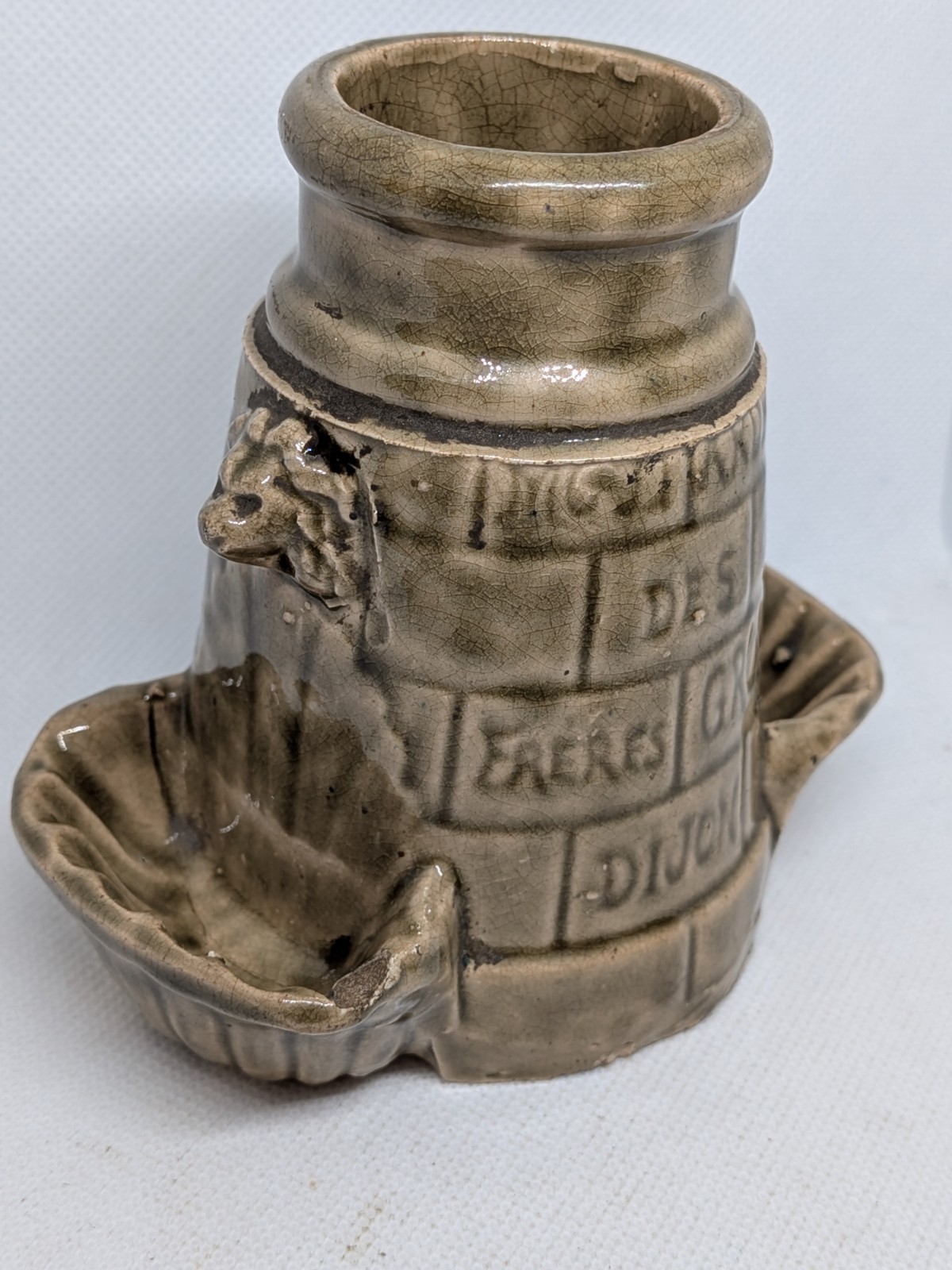 Antique French Figural Stoneware Mustard Pot Freres Gros Dijon Fontaine de Jouve