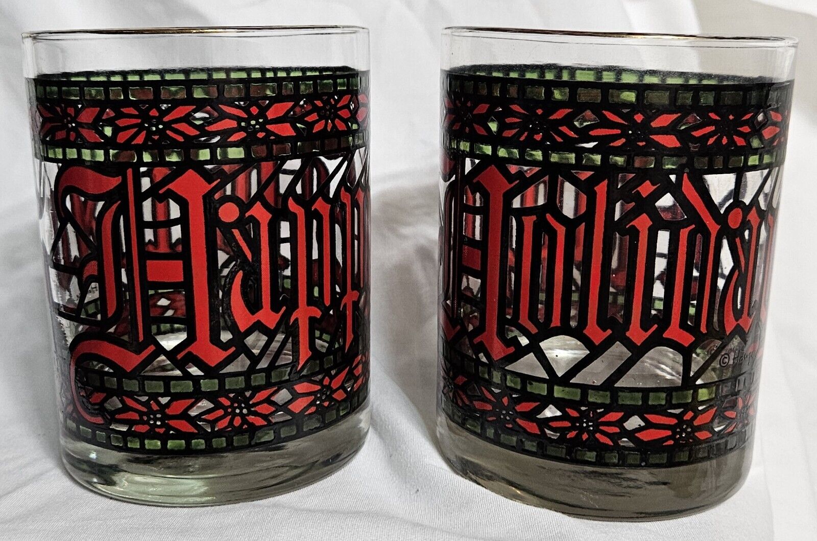 2 Vintage Houze \'HAPPY HOLIDAYS\' Cocktail Glasses Stained Glass Tumblers (Y3)