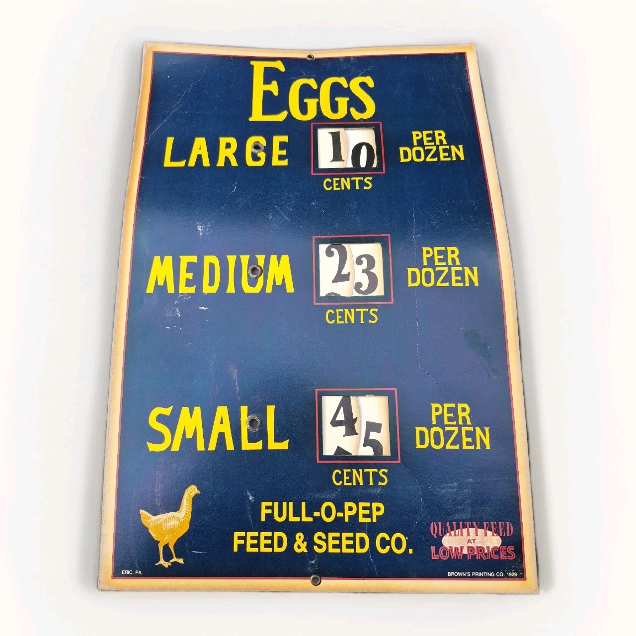 1929 Full O Pep Feed Sign Eric PA Misprint Vintage Country Store Egg Price Wheel
