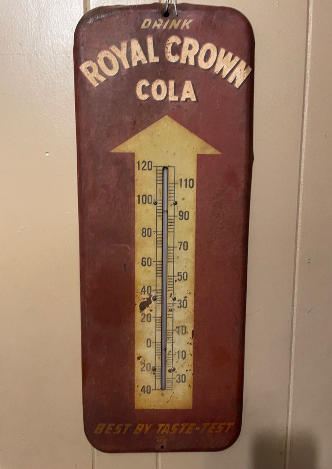 Vintage 1950s Drink Royal Crown Cola Advertising Thermometer Metal Soda Sign