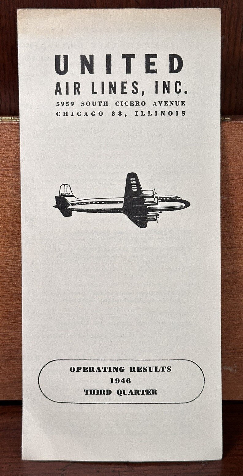 1946 United Air Lines Third Quarter Operating Results Pamphlet Rare Vintage 