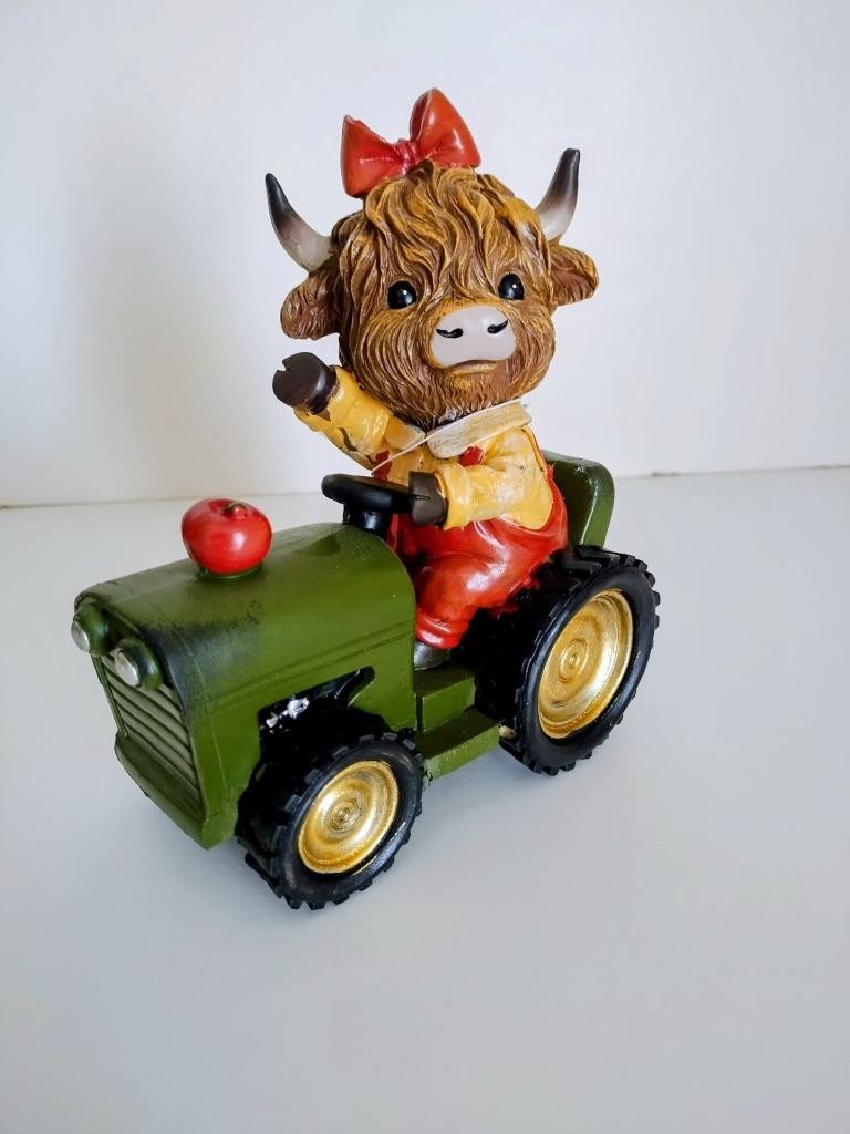 Highland Cow Coo Tabletop Resin Girl on Green Tractor Farmhouse Harvest Decor
