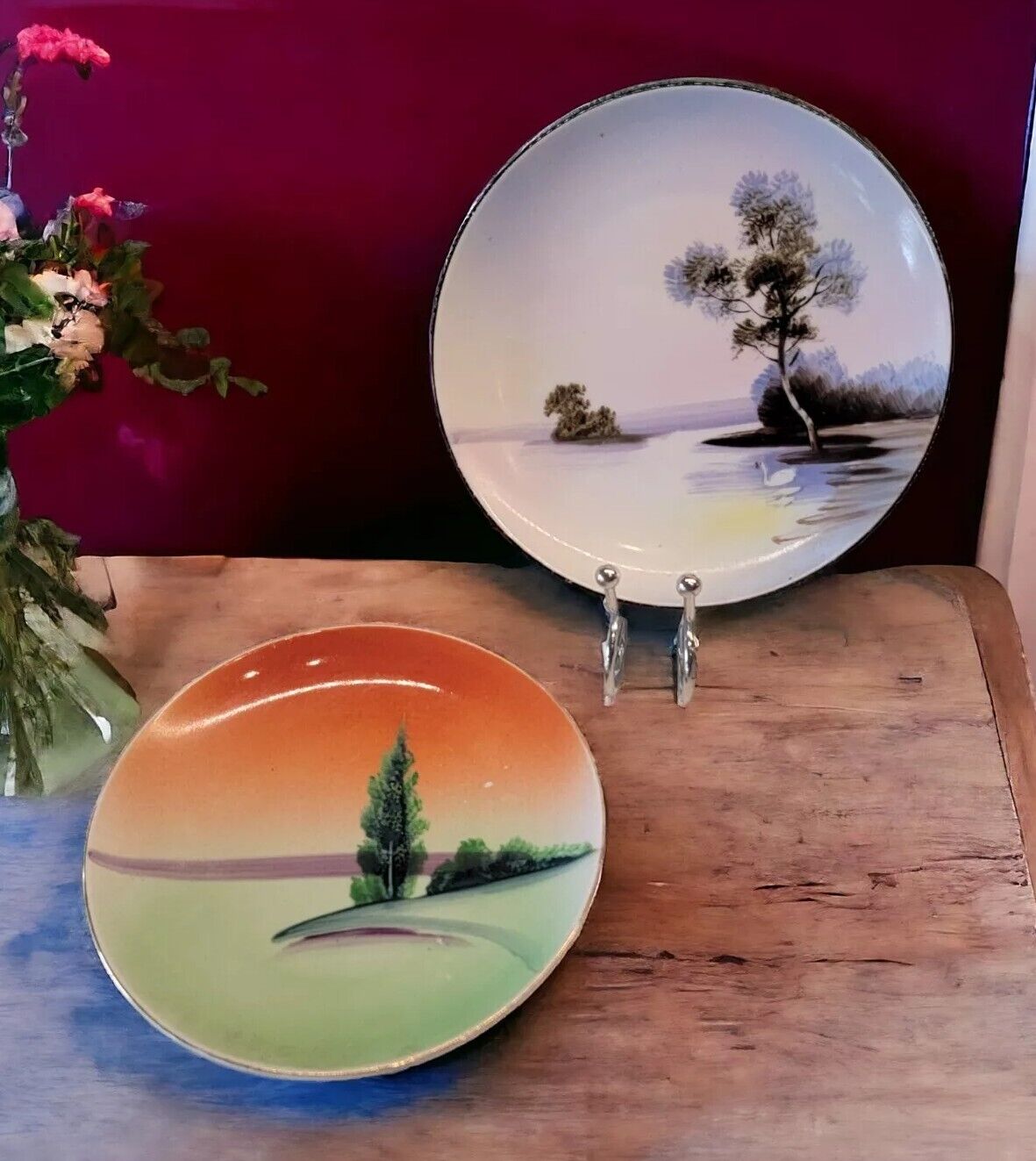 Vtg MEITO Hand Painted Plates, set 2 Lake Tree Crane Orange Blue Landscape 6\