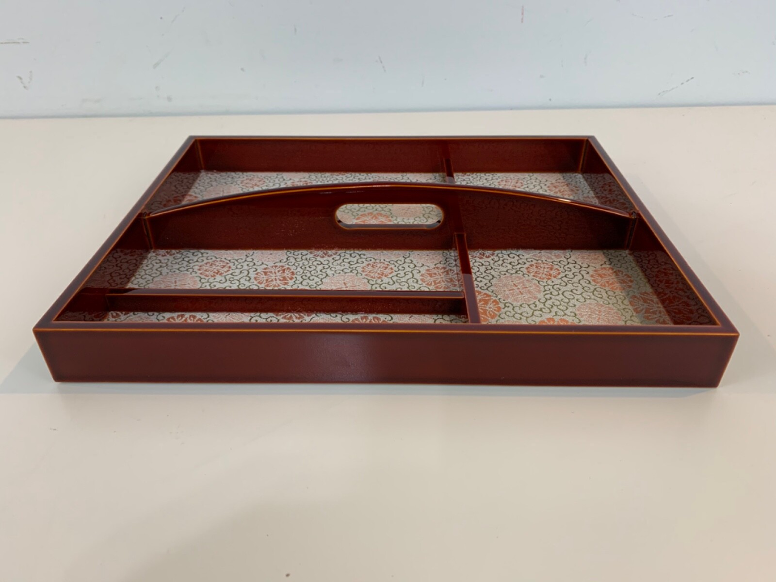 Japanese Shunkei Nuri Wood Lacquer Divided Accessory Tray with Floral Decoration