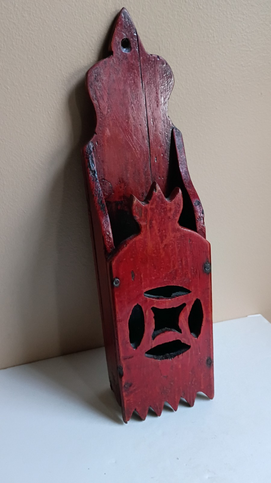 Antique, 19th Cent., Folk Art, Wooden, Wall Hanging Red Chopstick Holder. Scarce Antique, 19th Cent., Folk Art, Wooden, Wall Hanging Red Chopstick Holder. Scarce