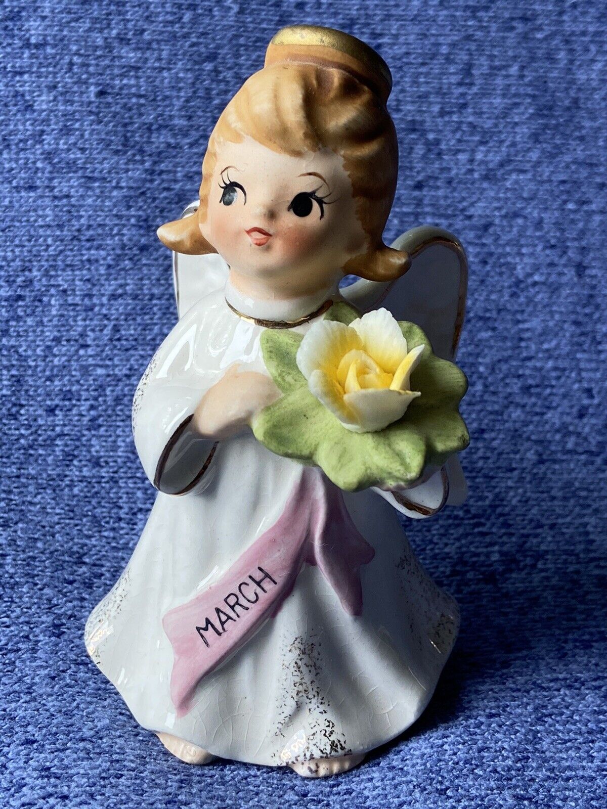 Vintage Lefton March Birthday Angel Figurine 1323 Yellow Rose Brown Hair Sticker