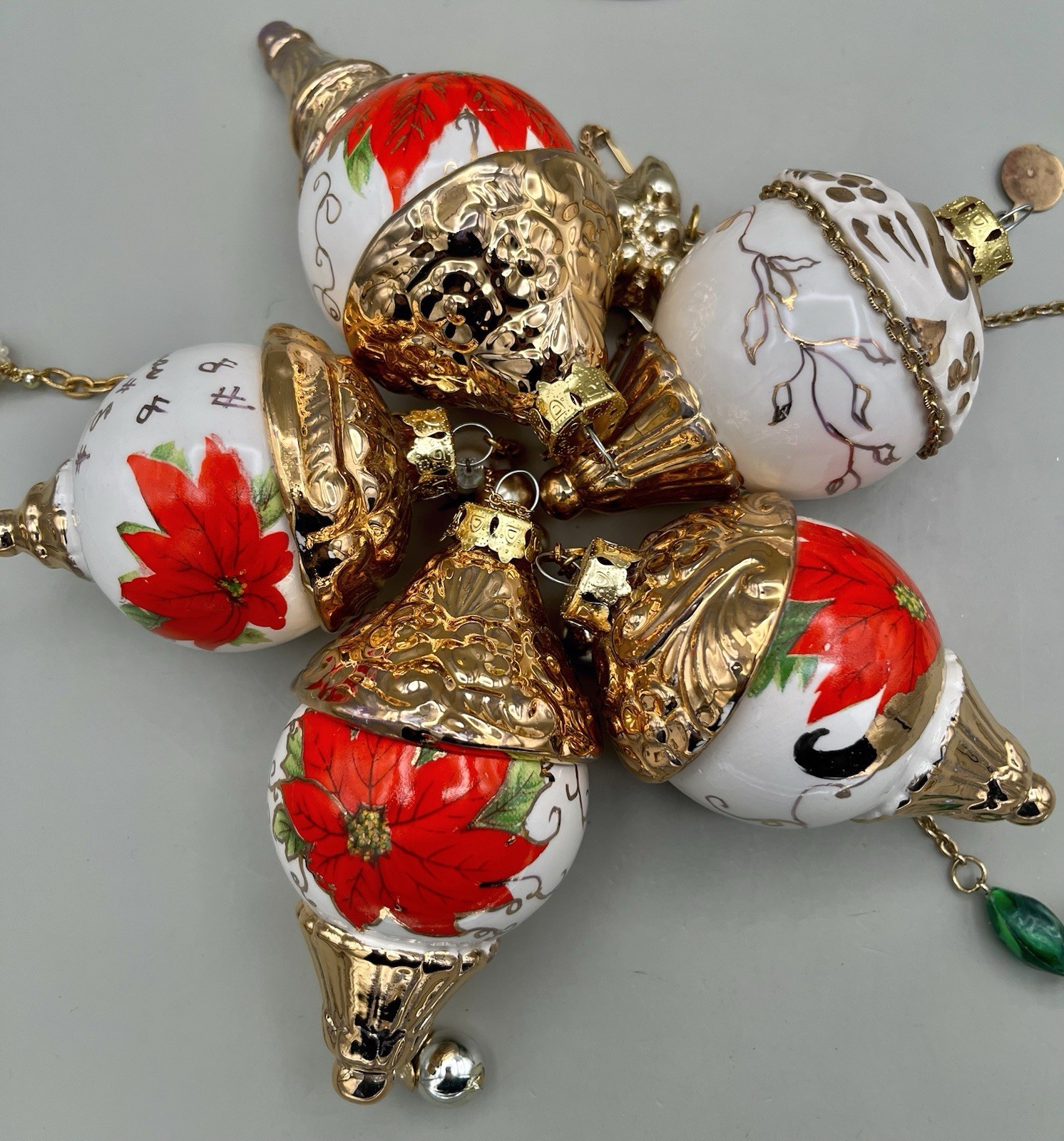 5 VTG Porcelain Holiday Spire Christmas Ornaments Hand Made OOO Poinsettias
