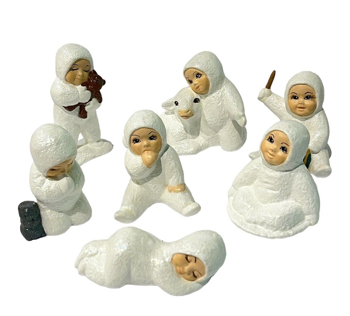 Set Of 7 Snow Babies Signed Collectible Christmas Figurines Glitter