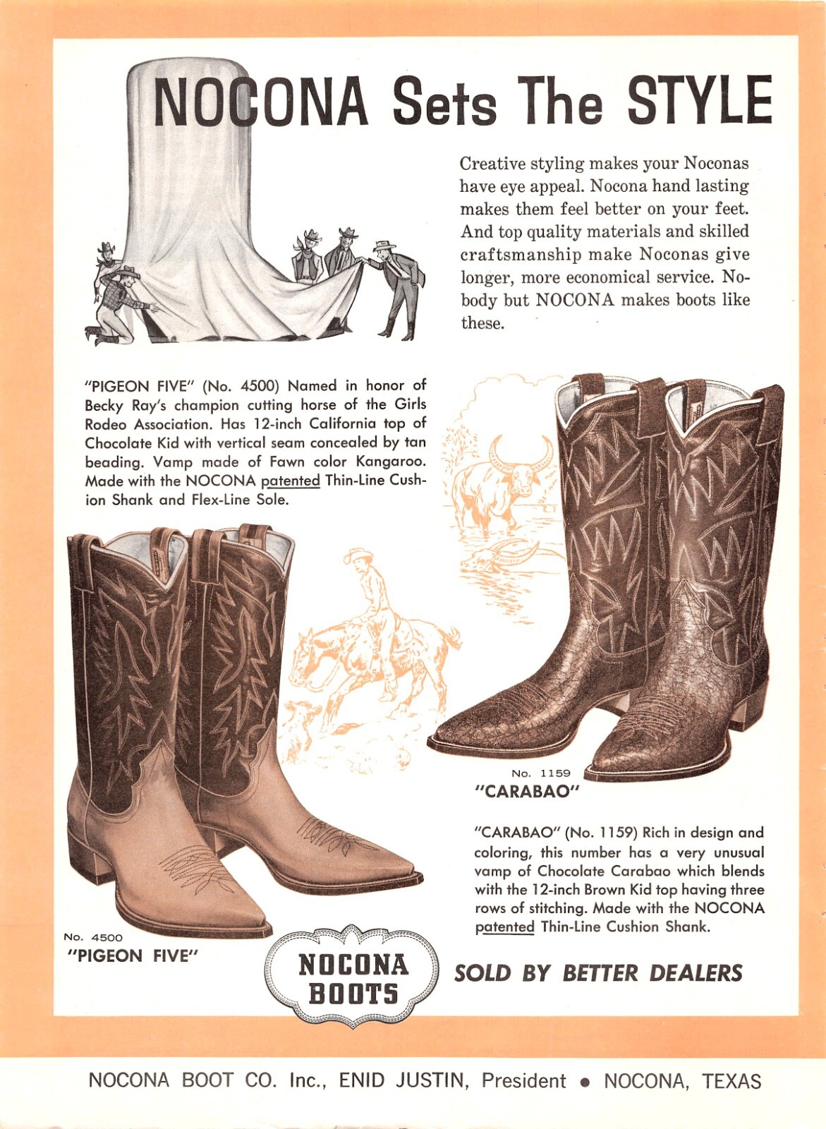Nocona Boot Co Western Leather Carabao Cowboy Boots Nocona TX Vtg Mag Print Ad