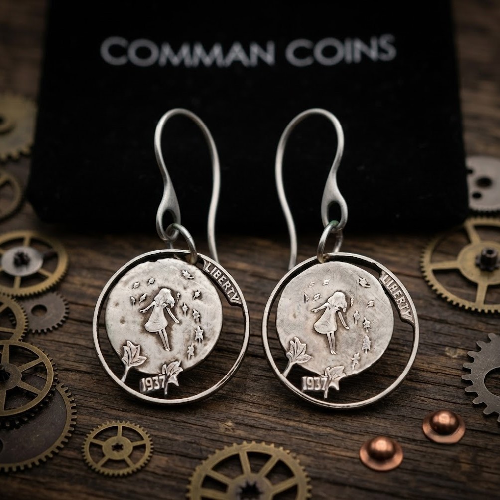 1937 Hobo Nickel Cut Coin Earrings Little Girl Floating to the Moon Fairy Tale