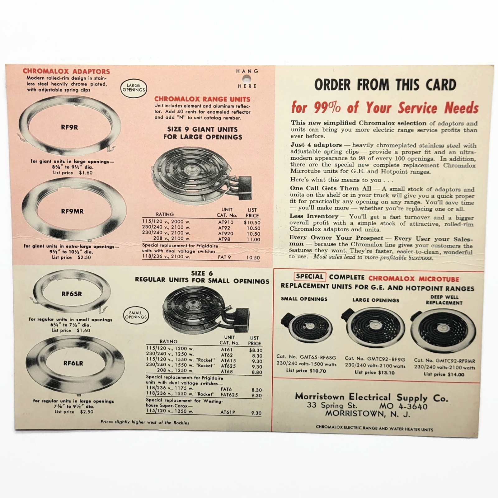Vintage Morristown Electrical Supply Co Chromalox Electric Range Parts Mailer NJ