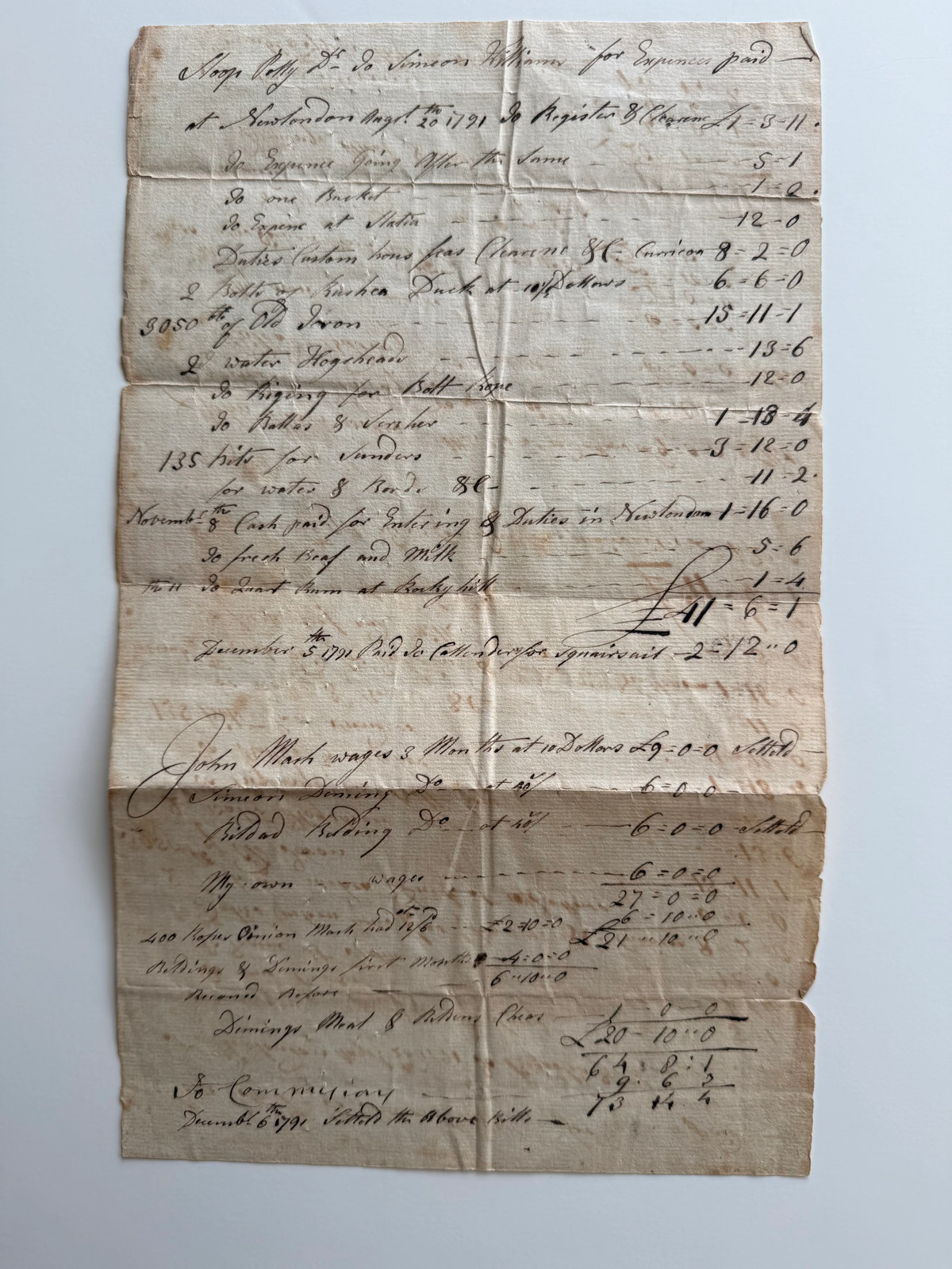 1791 New London, Connecticut Merchant Expense Account – Early American Shipping