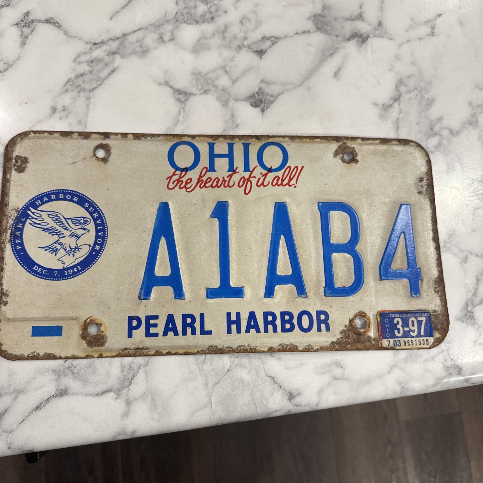 Vintage 1990s Ohio Pearl Harbor Survivor License Plate; A1AB4 Expired 1997