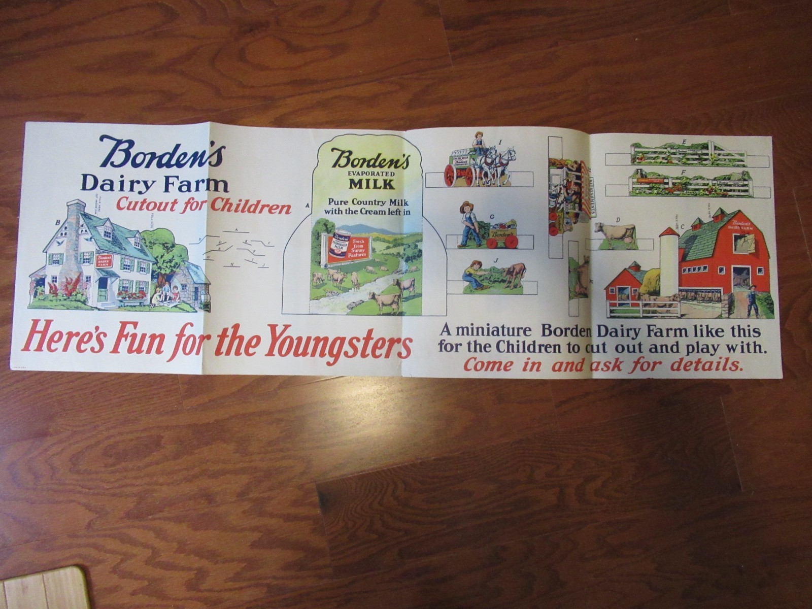 RARE Vintage Advertising Borden's Dairy Farm UNCUT 40x13 Milk Cows Barn Kids