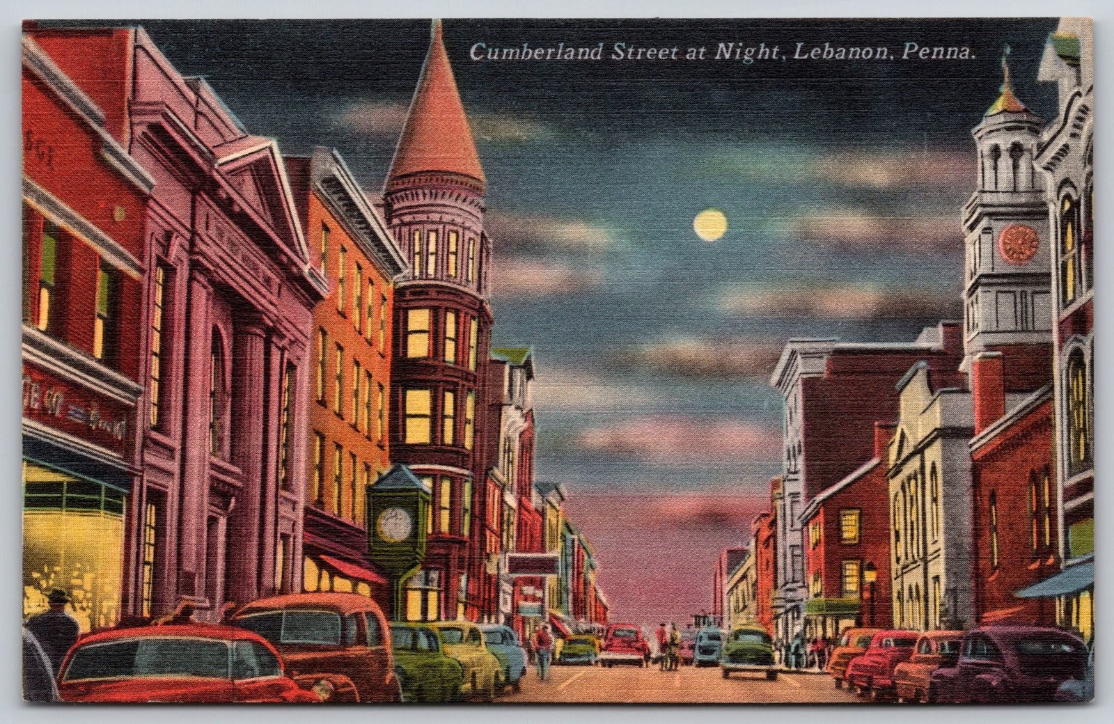 Lebanon Pennsylvania Cumberland Street Night Moon Cars Tichnor Postcard PC452