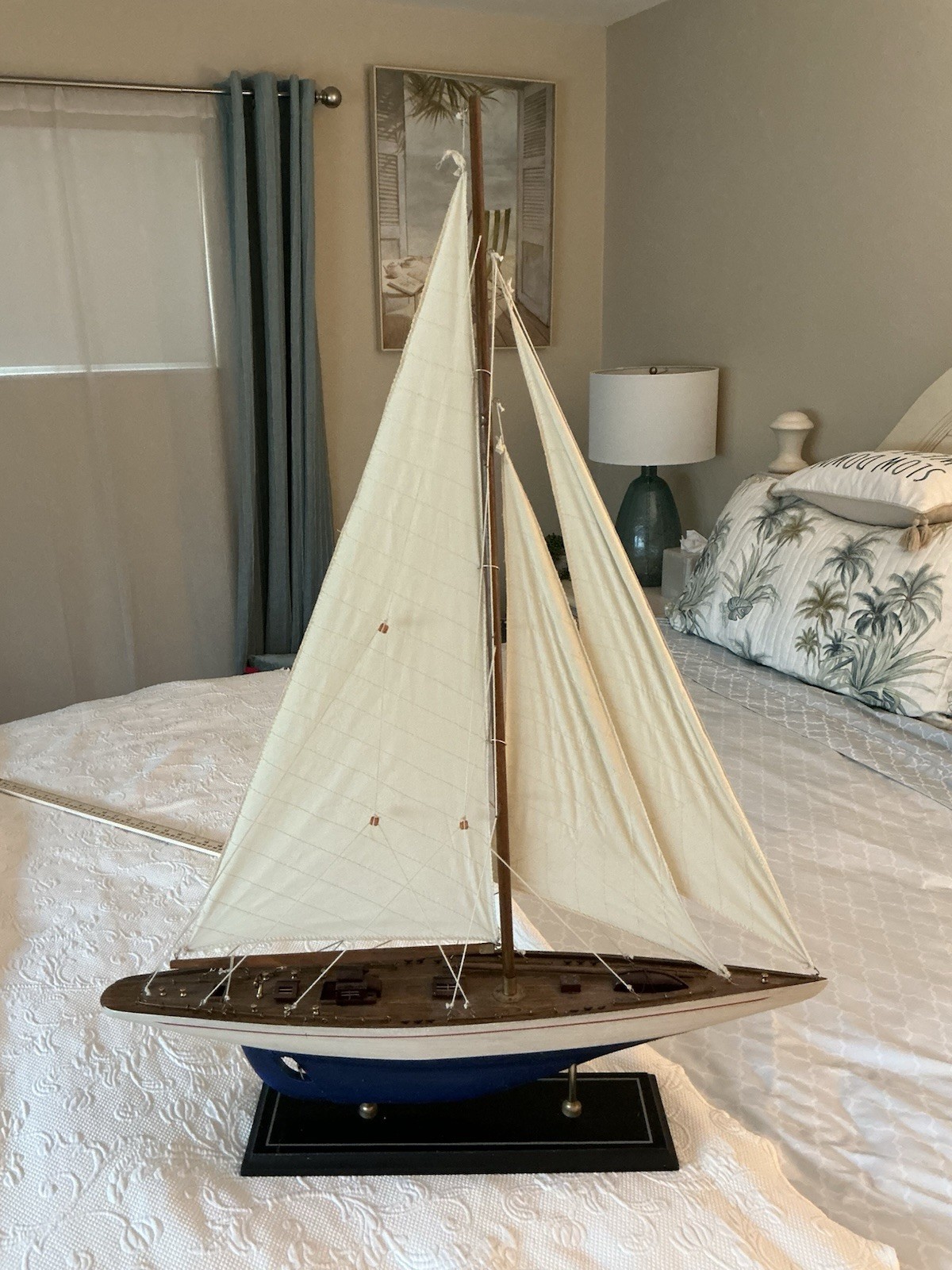 Large 26 Inch Wide Wooden Sailboat Model 35 Inch Tall Nautical Maritime Decor
