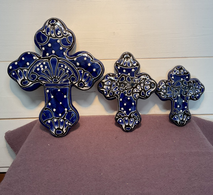 Set Of 3 - Mexican Art -Talavera Folk Art Crosses -  Hand Painted - Royal Blue  