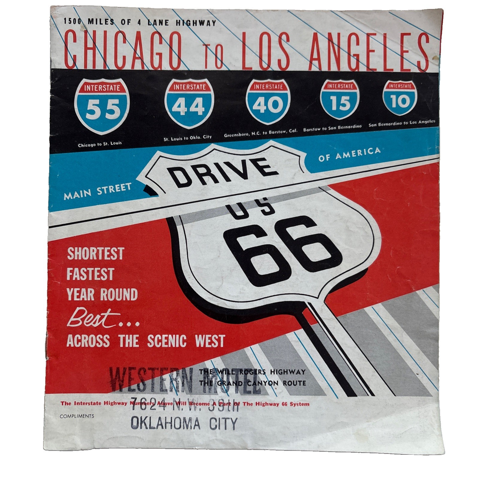 Vintage Route 66 Travel Brochure. Chicago To LA 1960. Local Motel Stamp Ok City