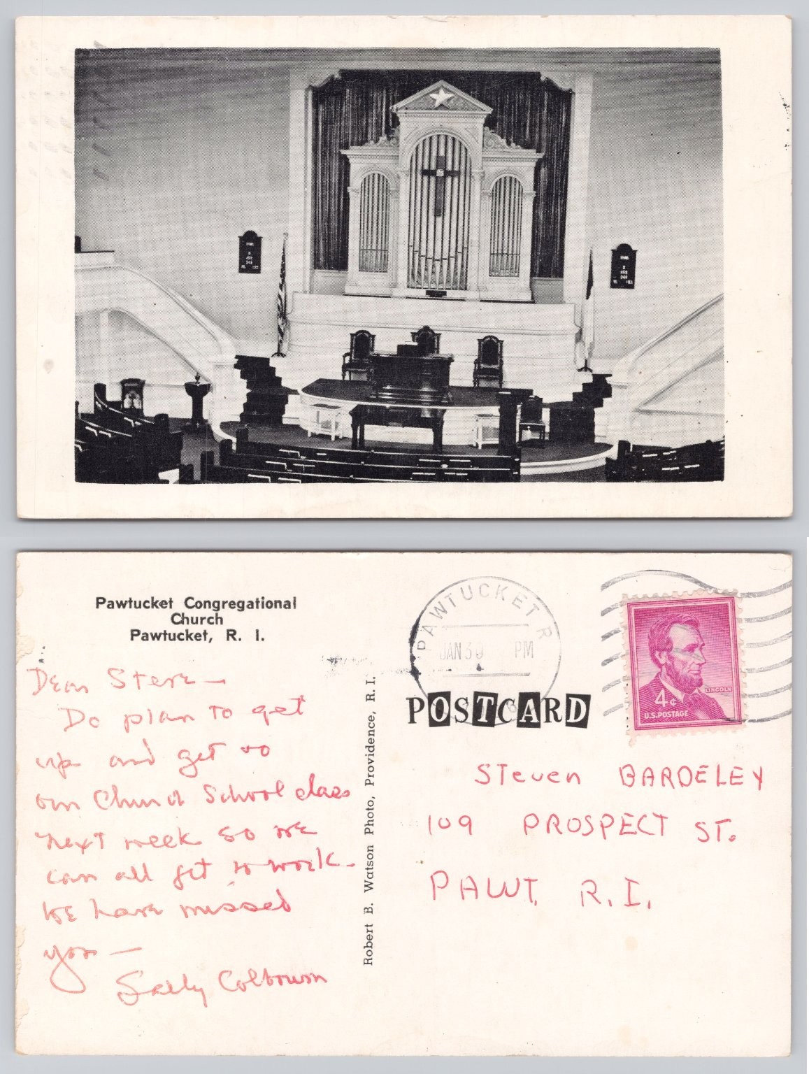 Pawtucket Congregational Church RI Interior Postcard c.1960s