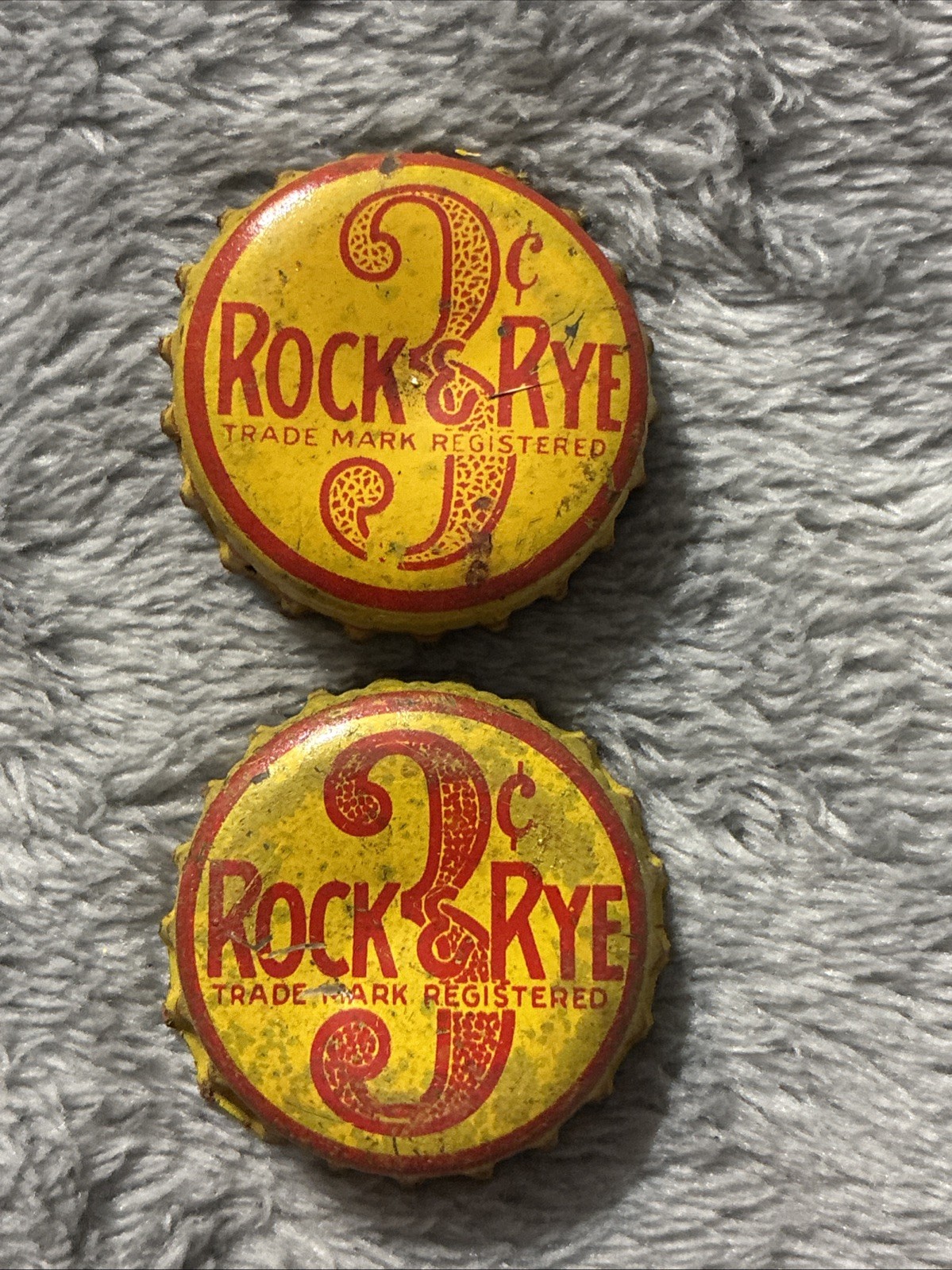 Vintage Rock & Rye 3 cents Soda Bottle Caps: Lot of 2 Used Cork Lined Variants