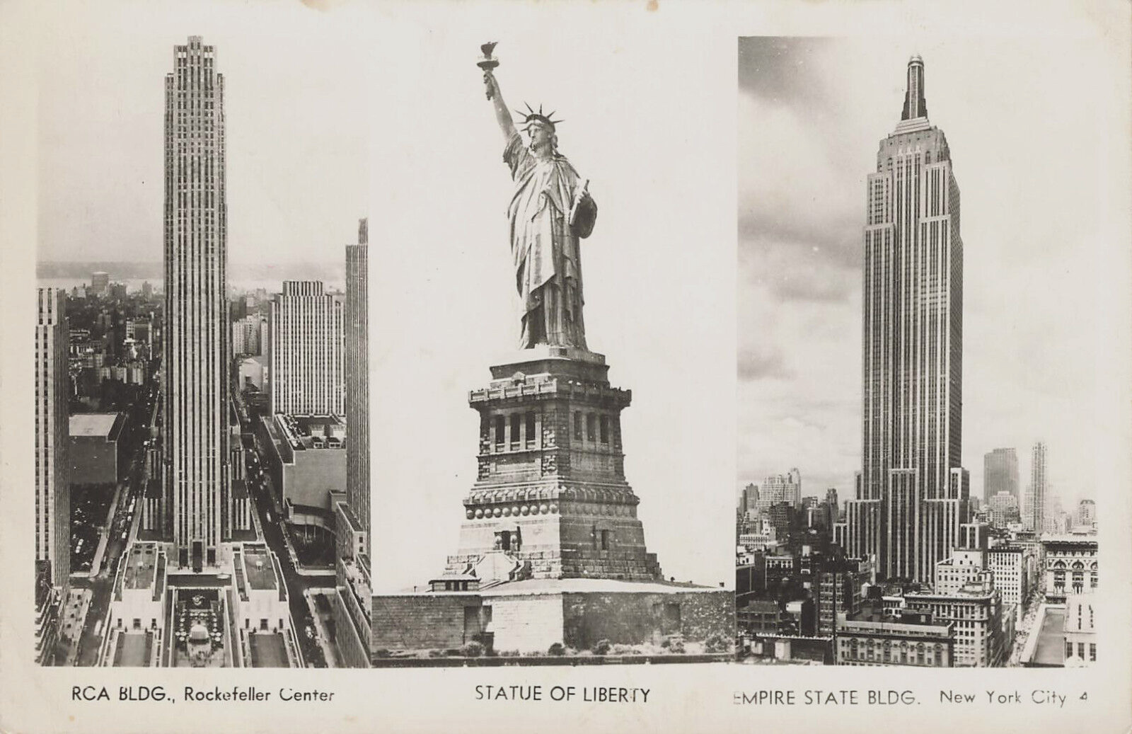 STATUE OF LIBERTY RCA & EMPIRE STATE BUILDING POSTCARD NEW YORK CITY 1930s RPPC