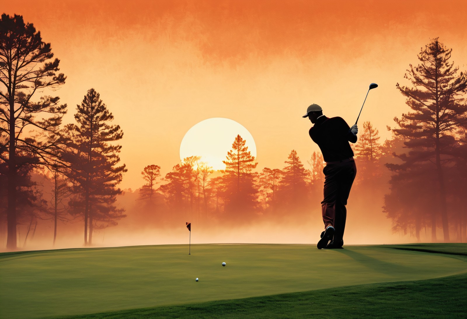Golfer Teeing Off at Sunrise - Retro Country Club Wall Art