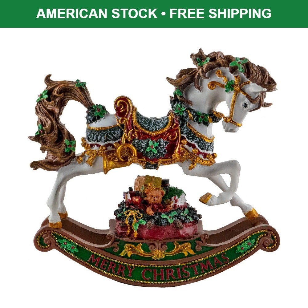 Merry Christmas Musical Rocking Horse Figurine We Wish You a Merry Christmas 8in