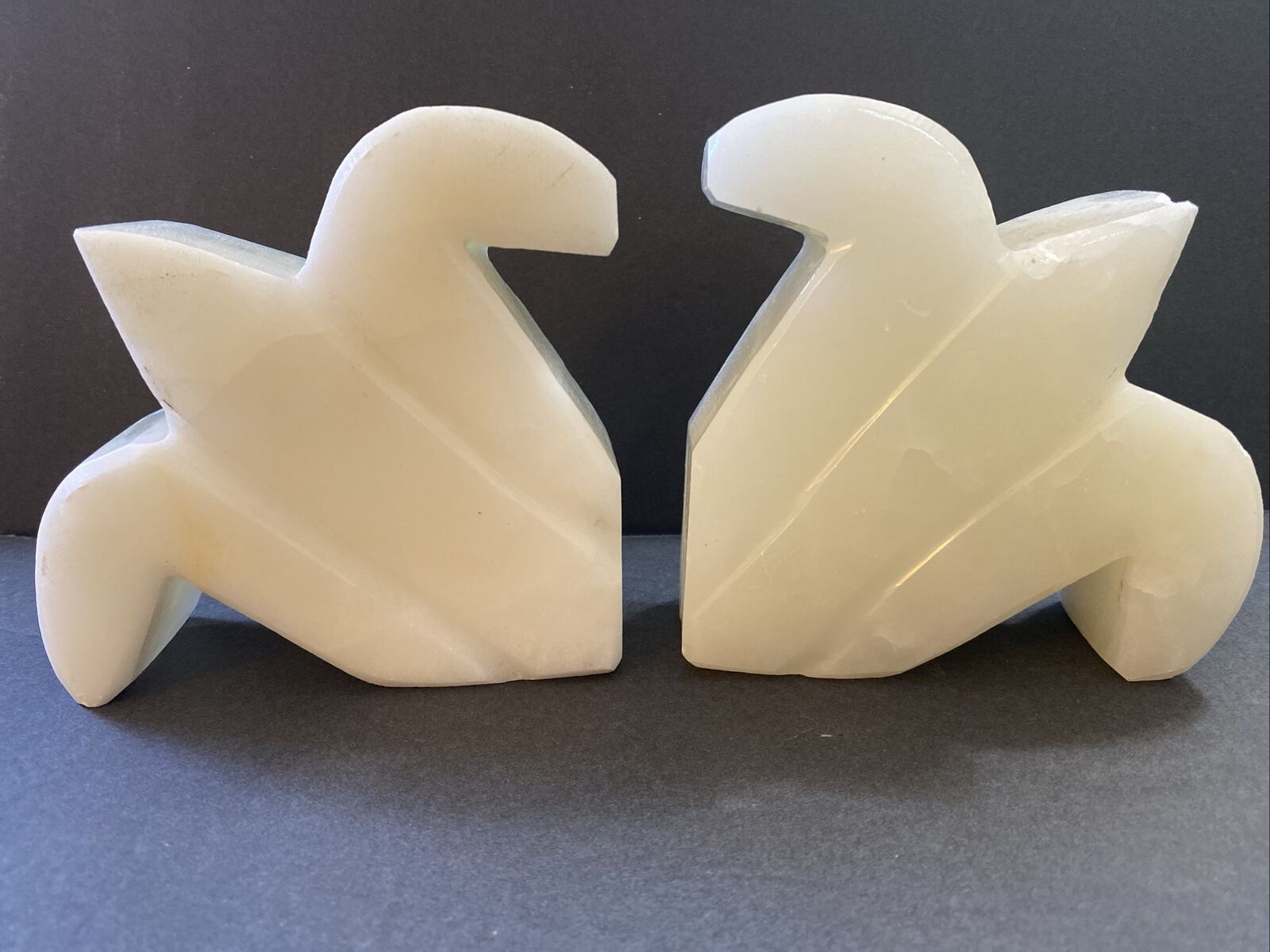 VTG Carved Polished White Stone Bookends MCM Home Decor