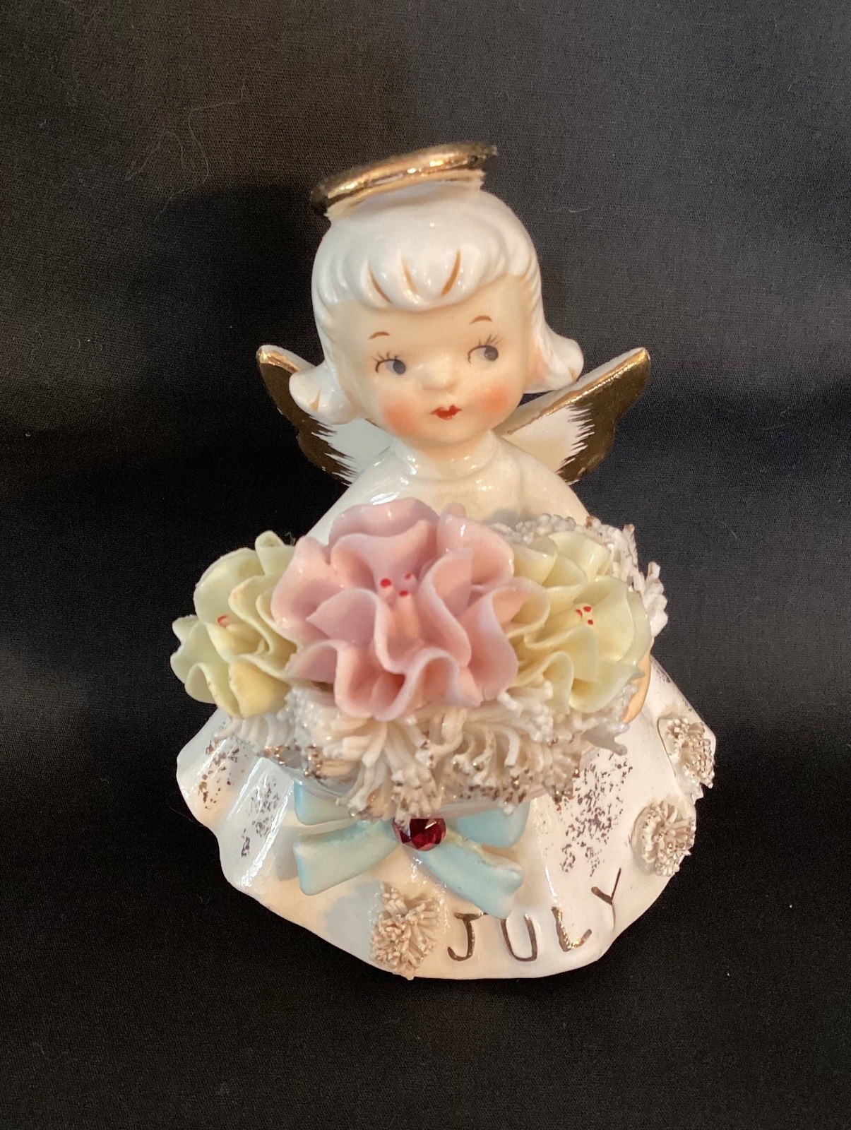 Vintage 1950's Lefton July Birthday Angel “Water Lily Ruby 489” Birthstone Japan