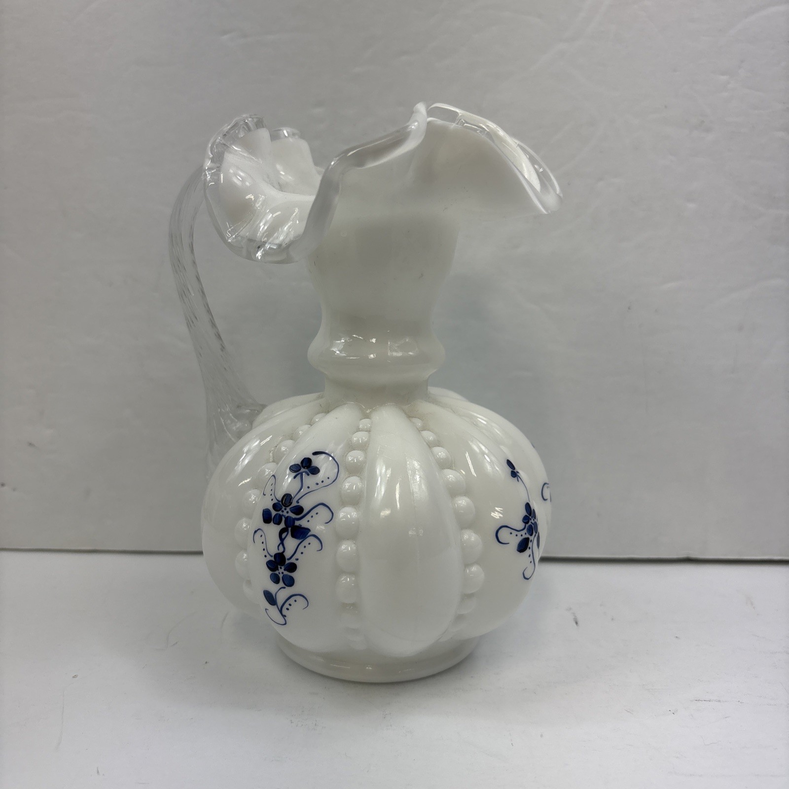 Vintage Fenton Silver Crest Beaded Ruffle Top Melon Pitcher Handpainted Signed