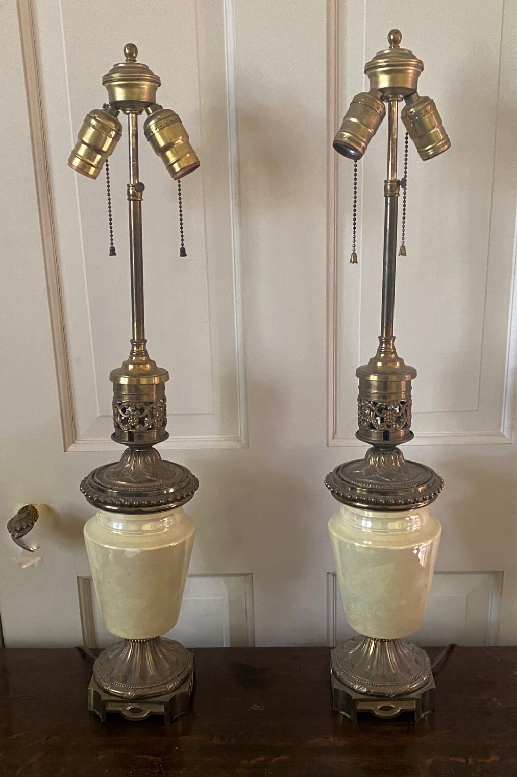 PAIR of 2 Antique French Yellow Lustre & Gilt Bronze Dore Table Lamps - 27\