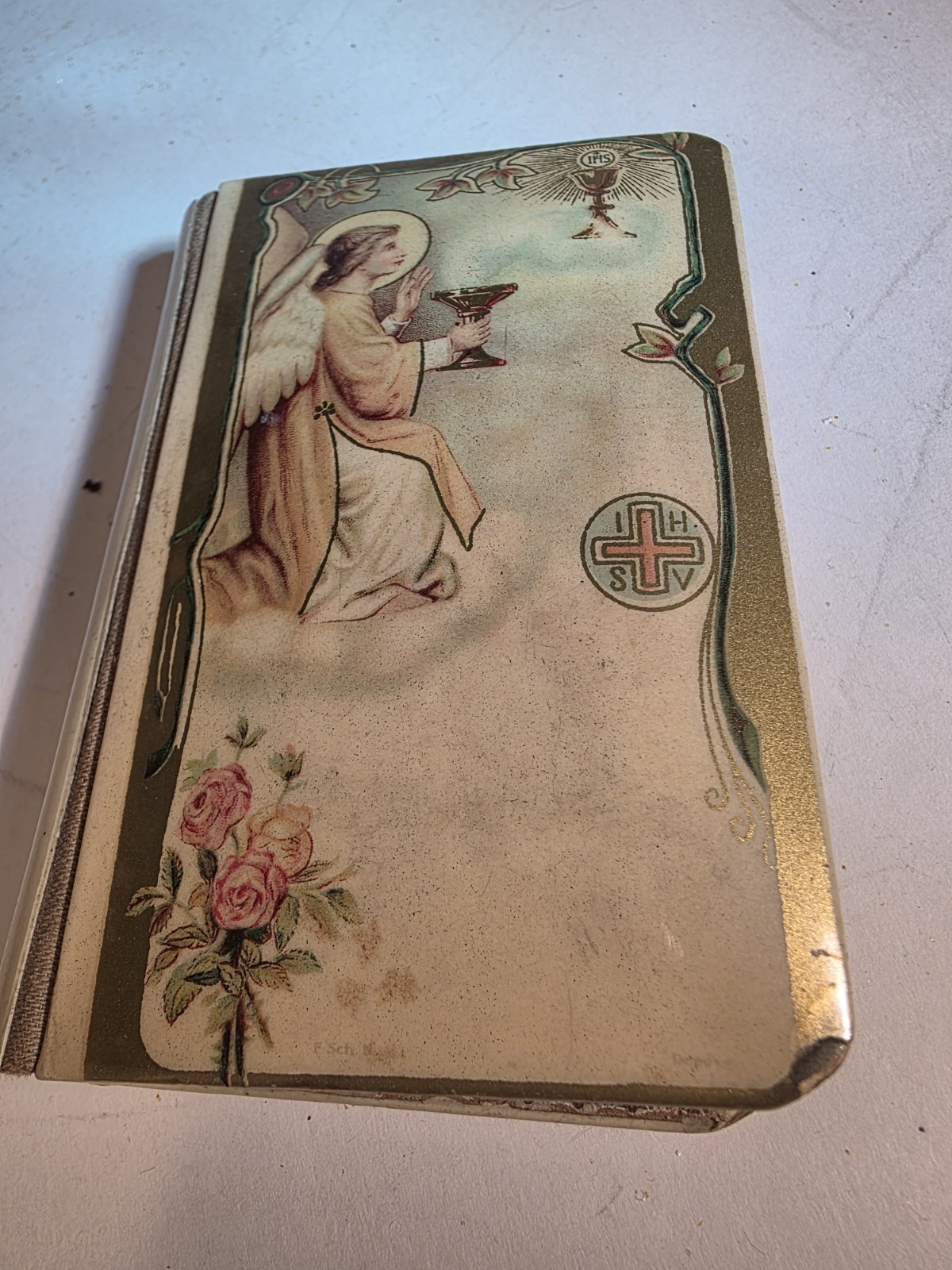 Vintage Catholic Celluloid Book of Prayers Cross inside For Young Catholics 1922