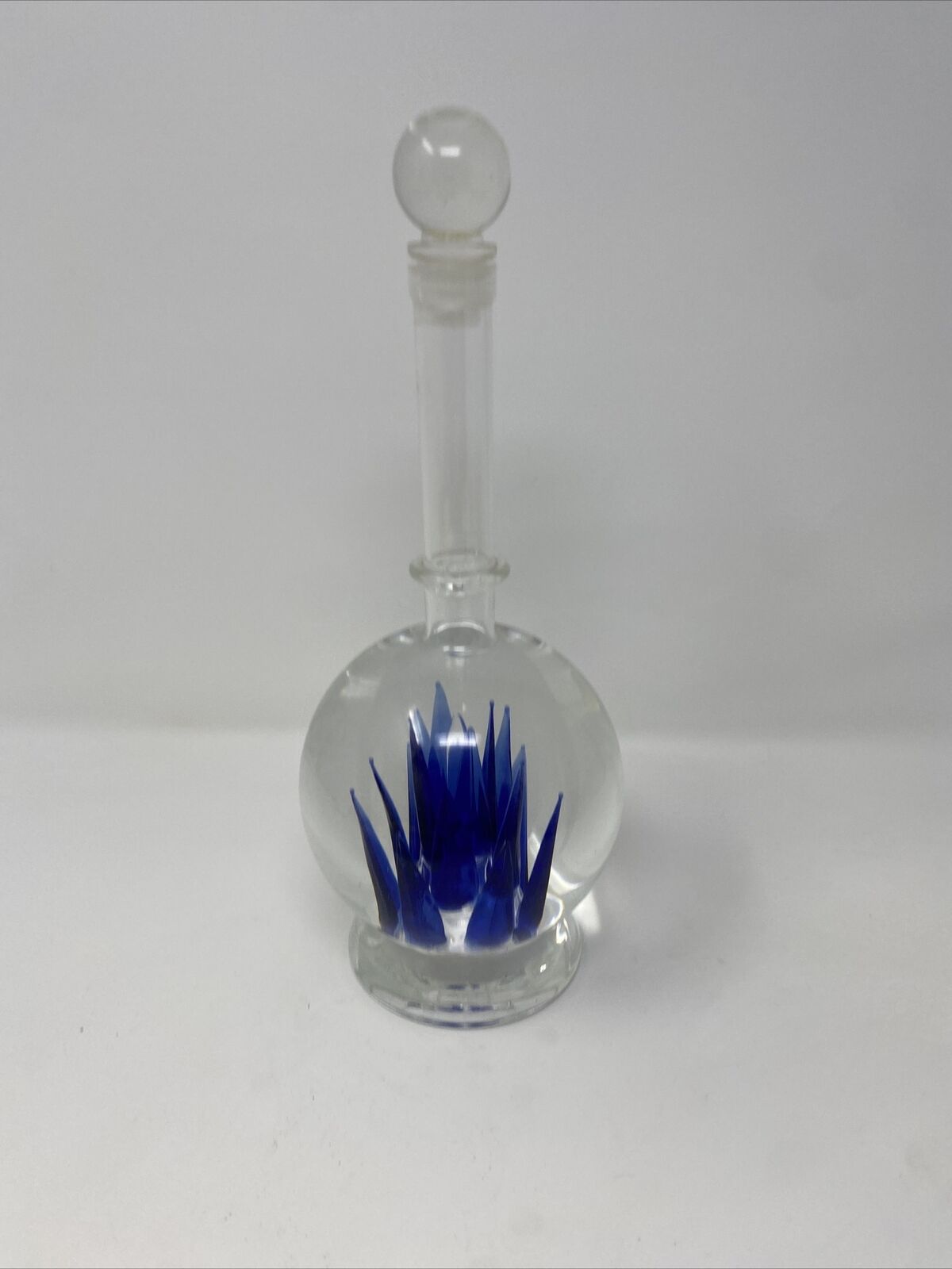 Vintage blown glass bottle with topper Blue Flower