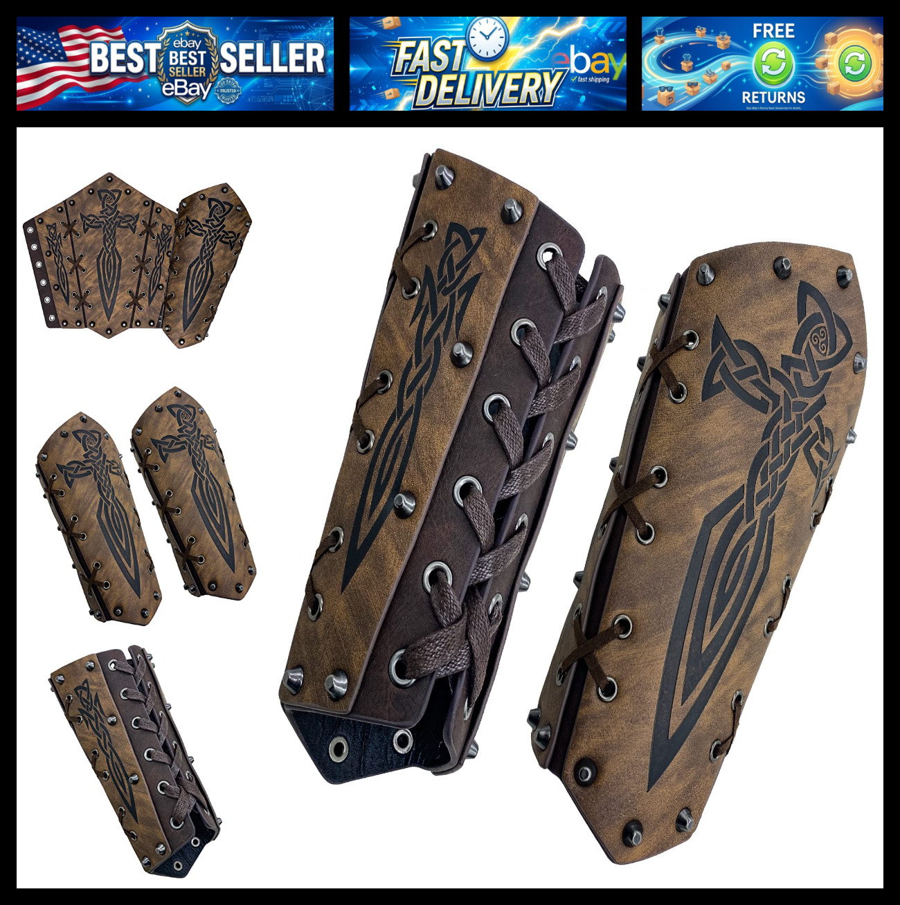 HiiFeuer Medieval Embossed Arm Bracers, Retro Faux Leather Knight Arm Gauntlets,