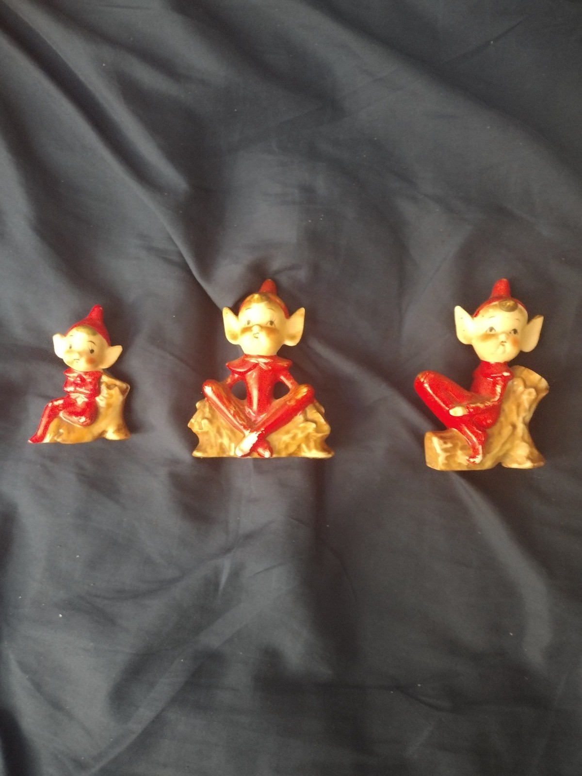 3 1950s red pixie christmas elves - paint is chipped in areas