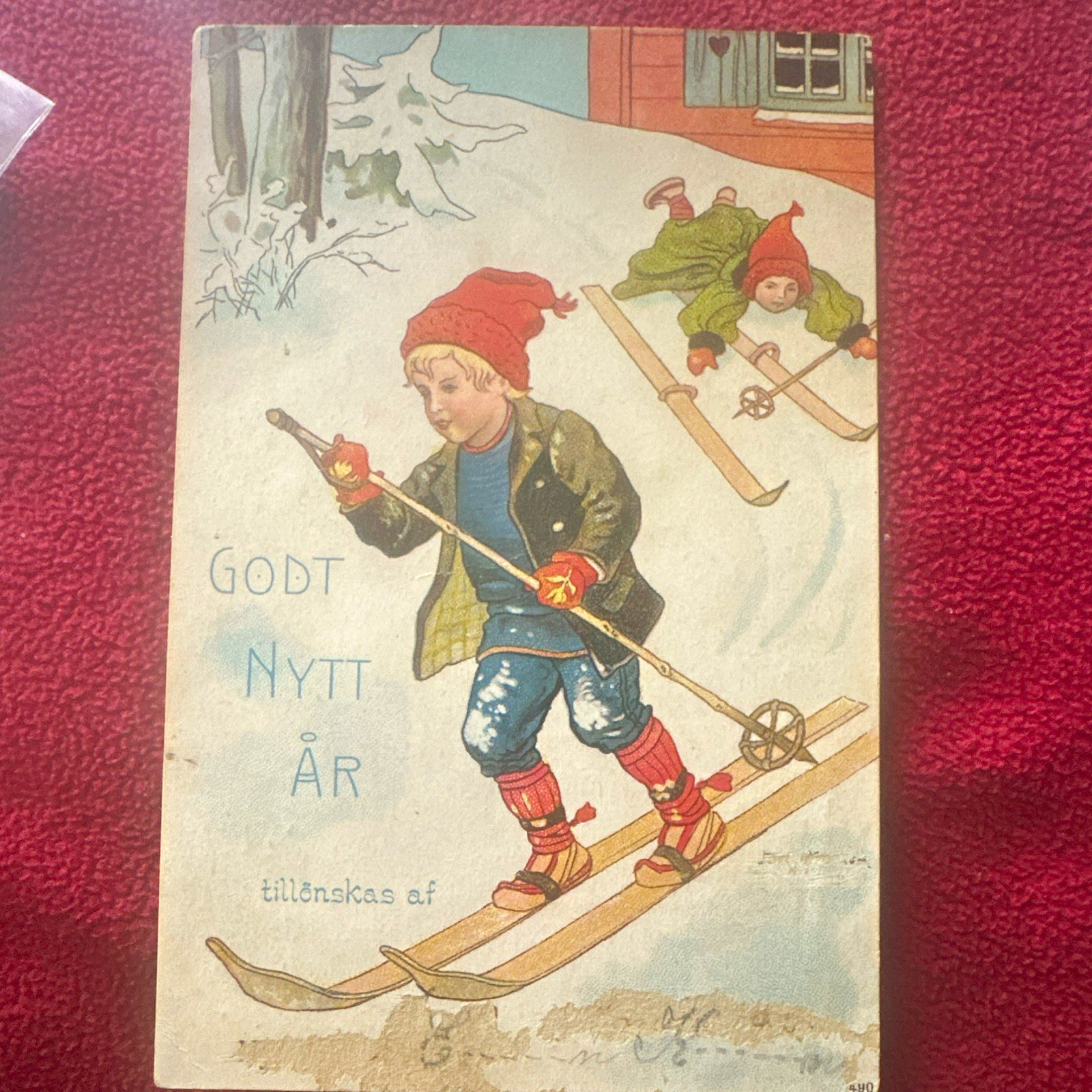 Vtg Original Godt Nytt År Children Skiing Postcard, by artist Jenny Nystrom