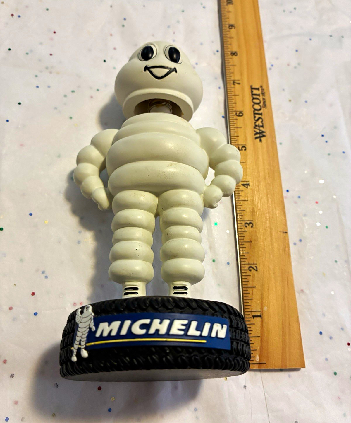 Michelin Bibendum Michelin Man Advertising Figure on Tire Base, White/Black/Blue