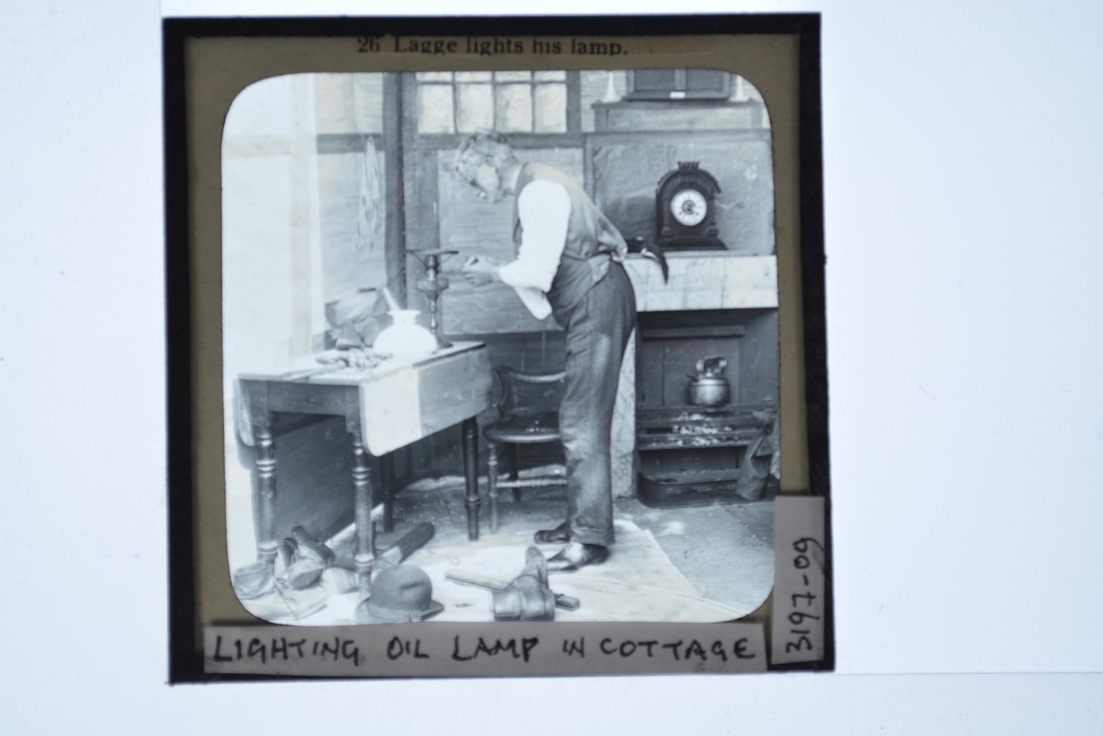 Man Lighting Oil Lamp Cottage Interior Lagge Magic Lantern Slide c1900s