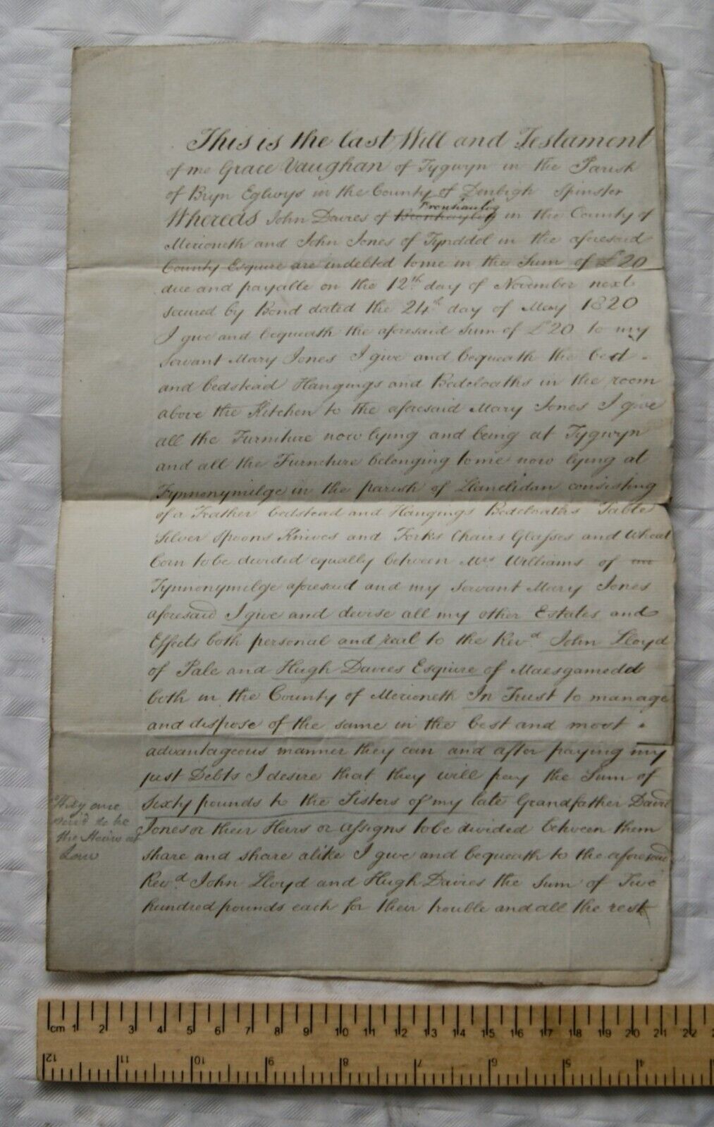 1820 copy Will of Grace Vaughan of Tygwyn, Bryn Edlwys, Denbigh