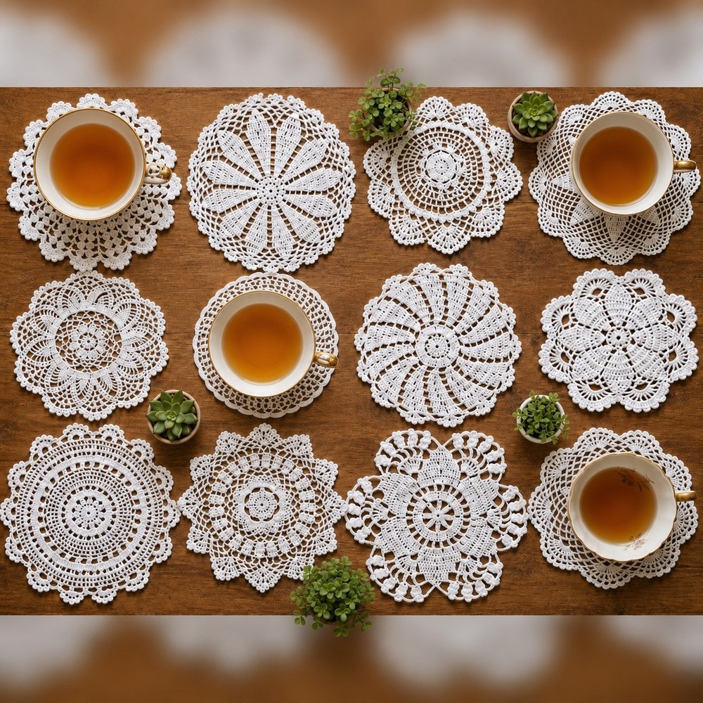 12Pcs/Lot 7-8inch White Vintage Hand Crochet Doilies Lace Doily Round Table Mats