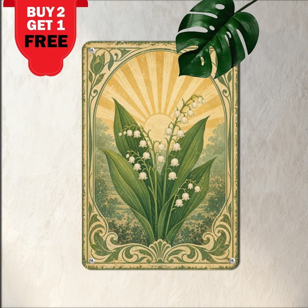 Delicate Lily Of The Valley Tin Sign Vintage Botanical Green Metal Plaque