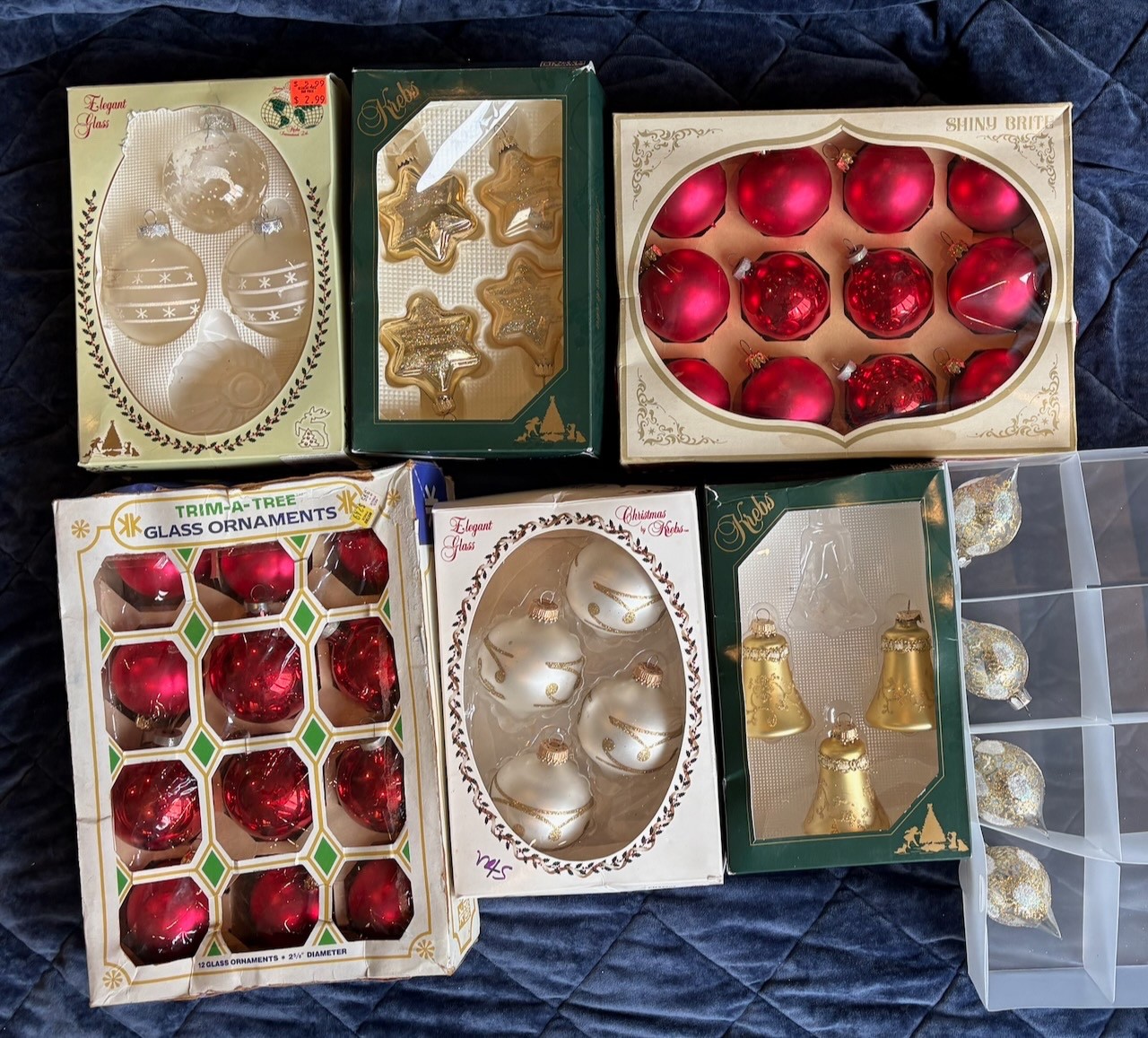 Lot of 42 Krebs Vintage Glass Ornaments Red White Cream Clear Gold Bells Balls