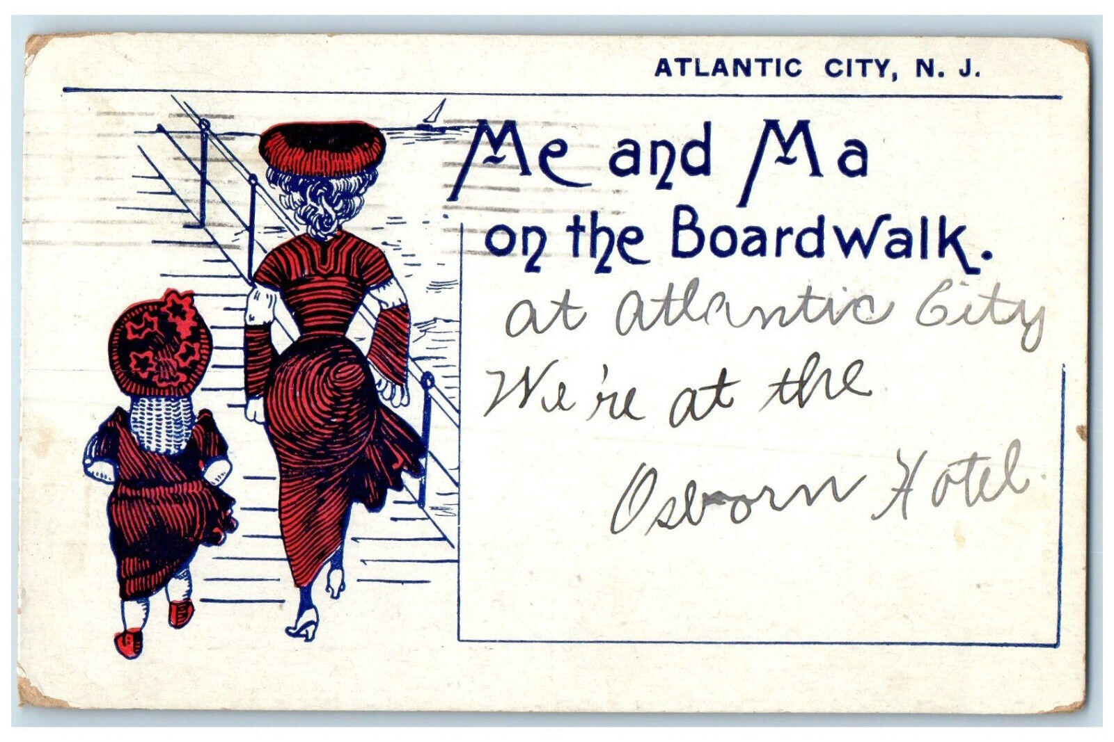 1909 Me and Ma on the Boardwalk Atlantic City New Jersey NJ Postcard