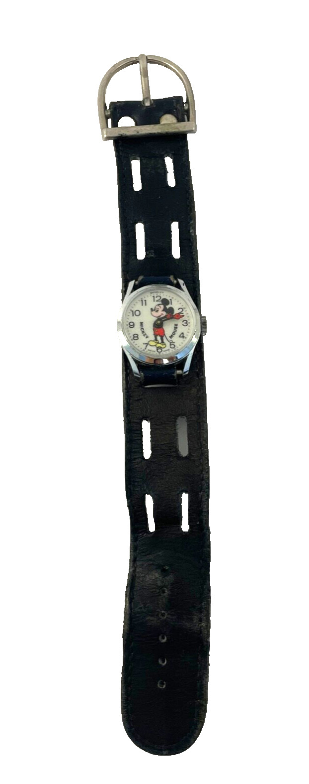 Vtg Bradley Mickey Mouse Watch black leather band Swiss made partially working