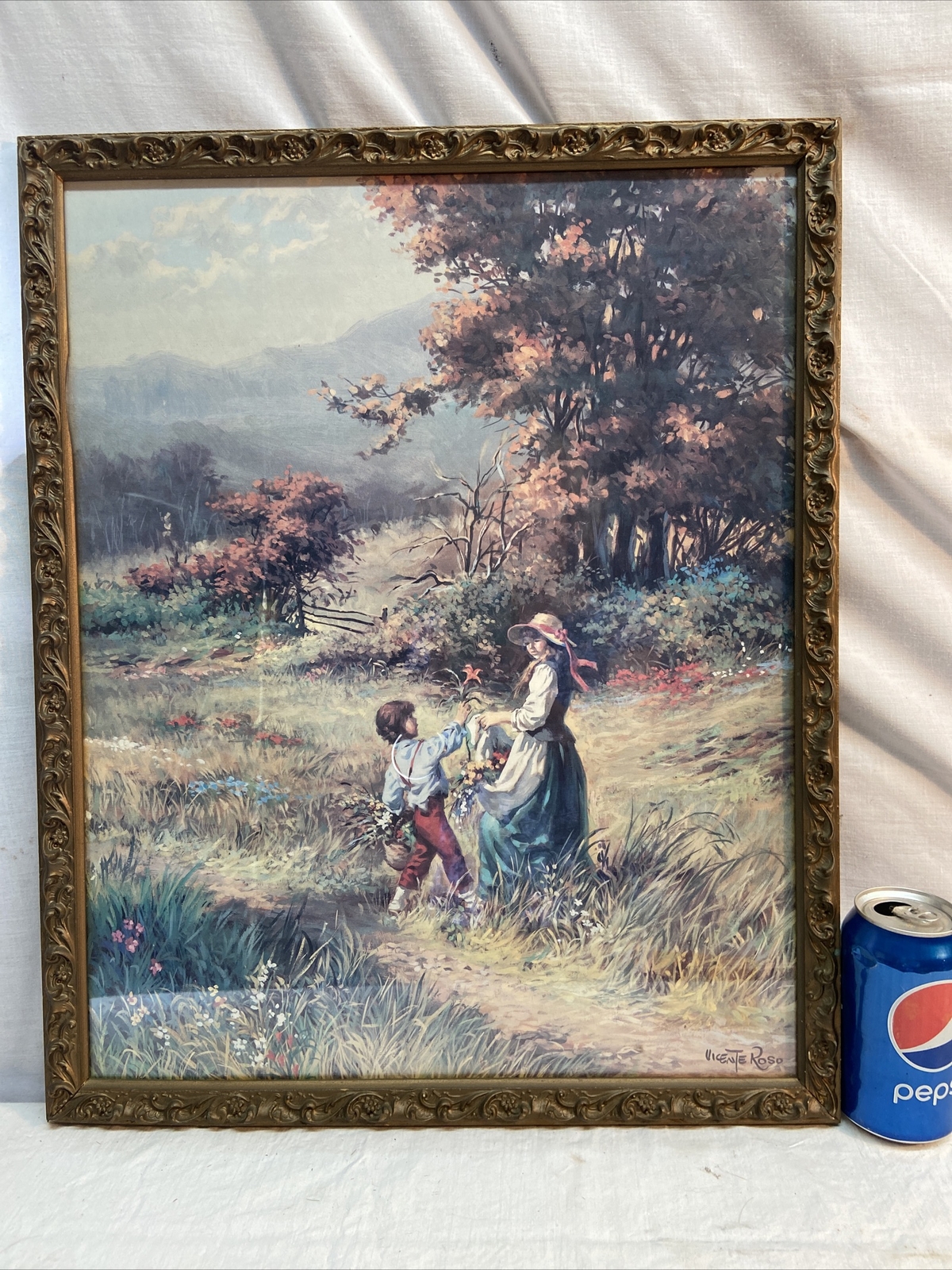 Vtg 1930-40’s? Barbola Flower Frame Kids Boy Girl Picking Bouquet Litho Print